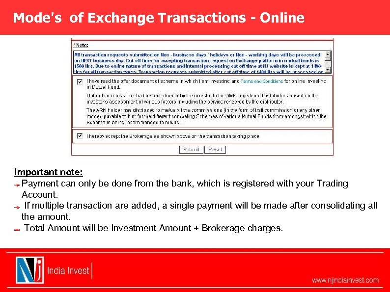 Mode's of Exchange Transactions - Online Important note: Payment can only be done from