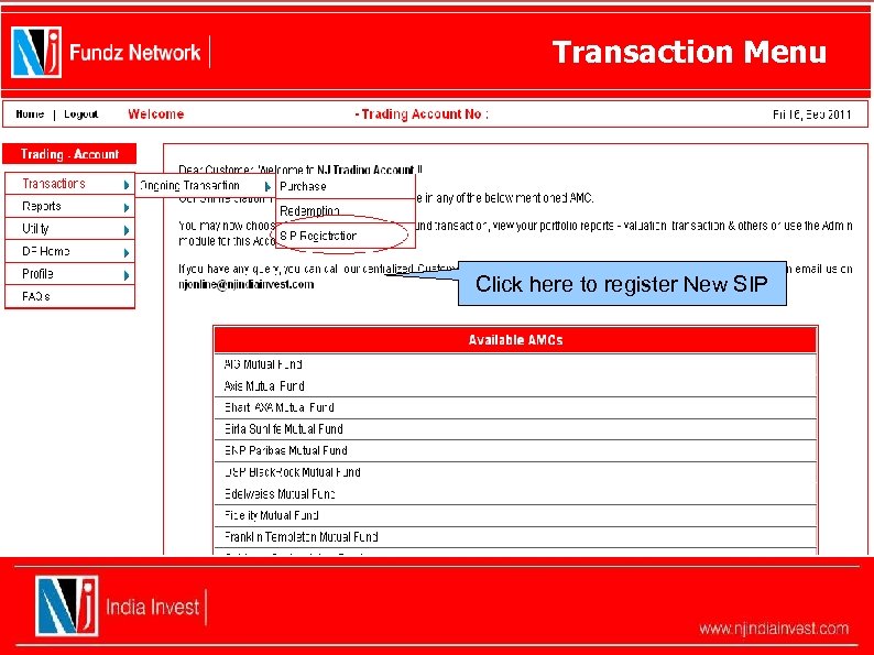 Transaction Menu Click here to register New SIP 