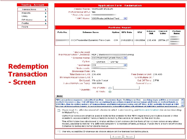 Redemption Transaction - Screen 