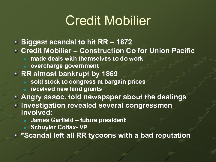 Credit Mobilier Biggest scandal to hit RR – 1872 Credit Mobilier – Construction Co