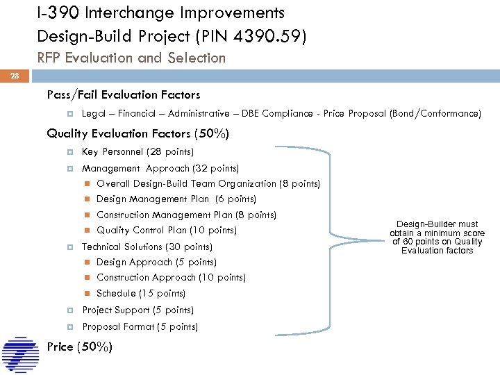 I-390 Interchange Improvements Design-Build Project (PIN 4390. 59) RFP Evaluation and Selection 28 Pass/Fail