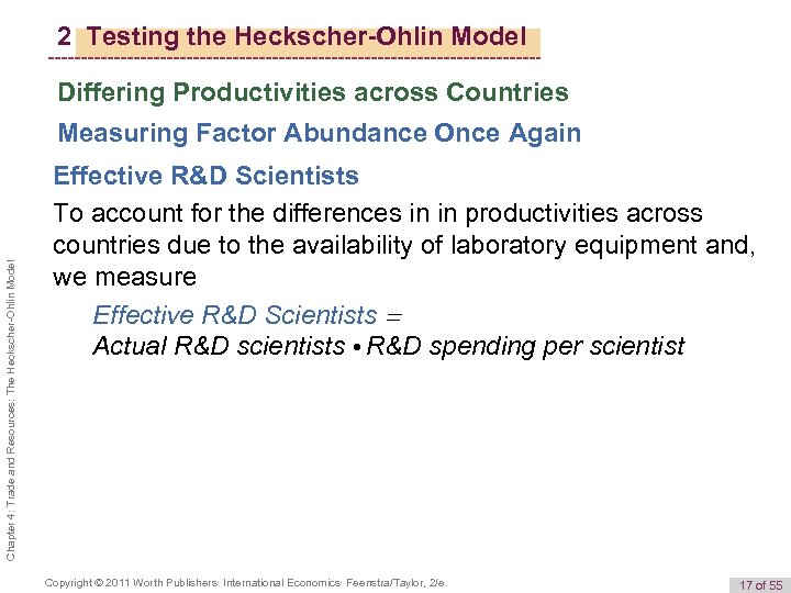 2 Testing the Heckscher-Ohlin Model Differing Productivities across Countries Chapter 4: Trade and Resources: