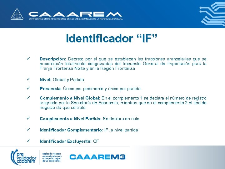 Identificador “IF” ü Descripción: Decreto por el que se establecen las fracciones arancelarias que