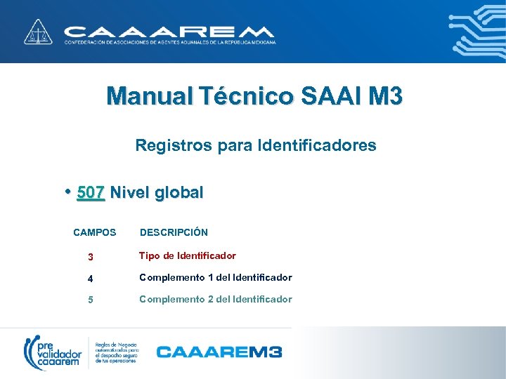 Manual Técnico SAAI M 3 Registros para Identificadores • 507 Nivel global CAMPOS DESCRIPCIÓN