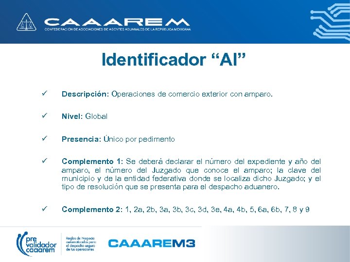 Identificador “AI” ü Descripción: Operaciones de comercio exterior con amparo. ü Nivel: Global ü