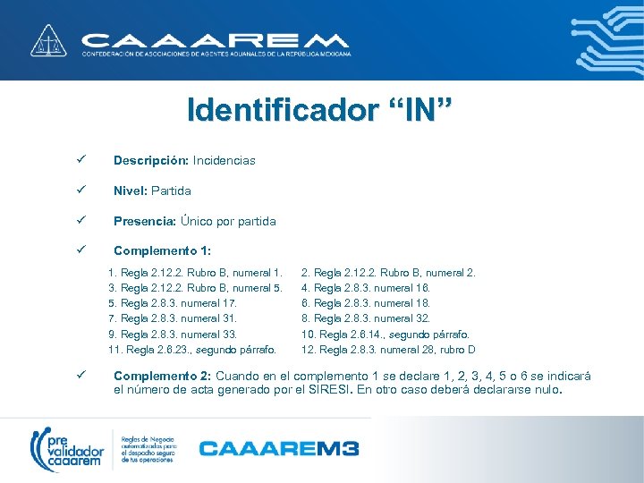 Identificador “IN” ü Descripción: Incidencias ü Nivel: Partida ü Presencia: Único por partida ü