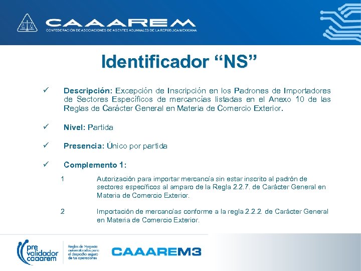 Identificador “NS” ü Descripción: Excepción de Inscripción en los Padrones de Importadores de Sectores