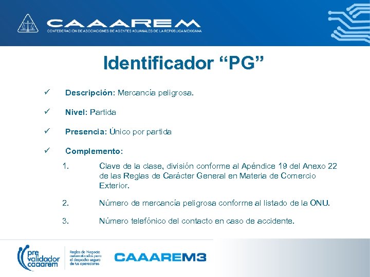 Identificador “PG” ü Descripción: Mercancía peligrosa. ü Nivel: Partida ü Presencia: Único por partida