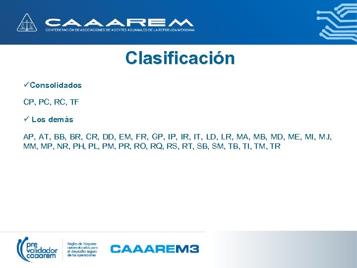 Clasificación üConsolidados CP, PC, RC, TF ü Los demás AP, AT, BB, BR, CR,