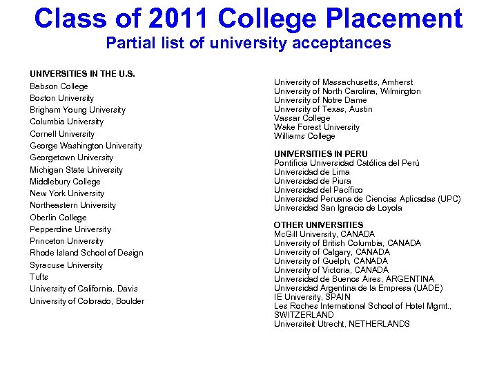 Class of 2011 College Placement Partial list of university acceptances UNIVERSITIES IN THE U.