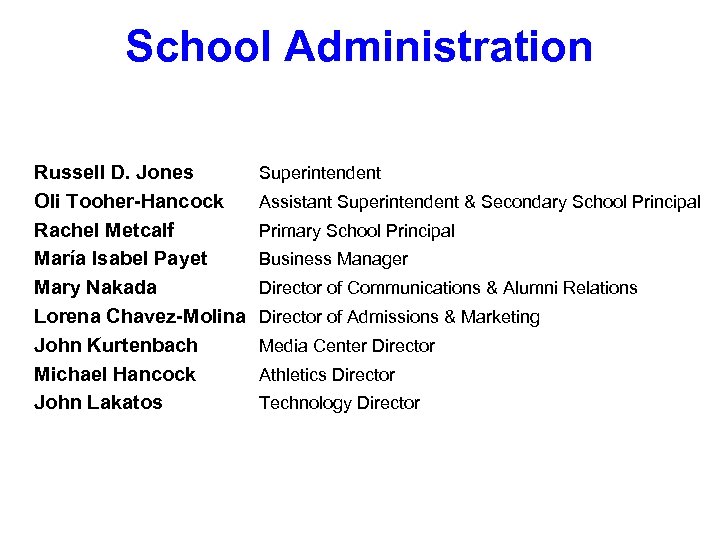 School Administration Russell D. Jones Oli Tooher-Hancock Rachel Metcalf María Isabel Payet Mary Nakada