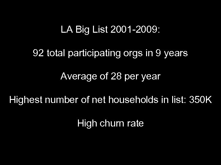 LA Big List 2001 -2009: 92 total participating orgs in 9 years Average of