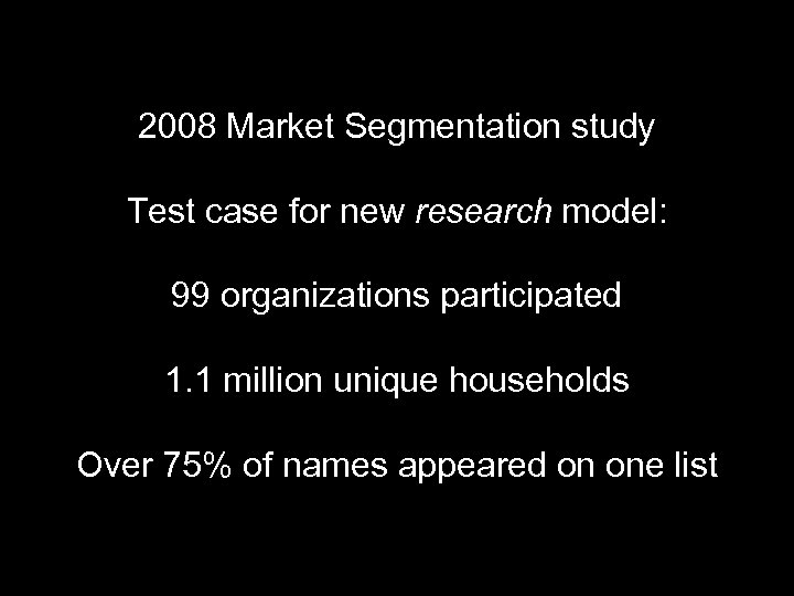 2008 Market Segmentation study Test case for new research model: 99 organizations participated 1.