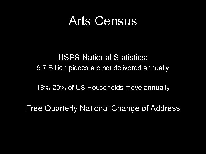 Arts Census USPS National Statistics: 9. 7 Billion pieces are not delivered annually 18%-20%