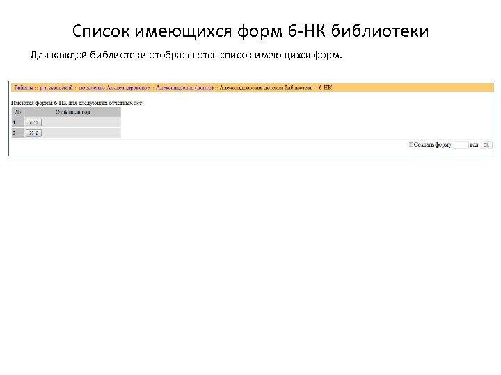 Список имеющихся форм 6 -НК библиотеки Для каждой библиотеки отображаются список имеющихся форм. 