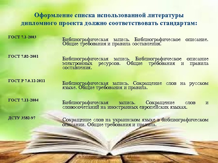 Оформление списка использованной литературы дипломного проекта должно соответствовать стандартам: ГОСТ 7. 1 -2003 Библиографическая