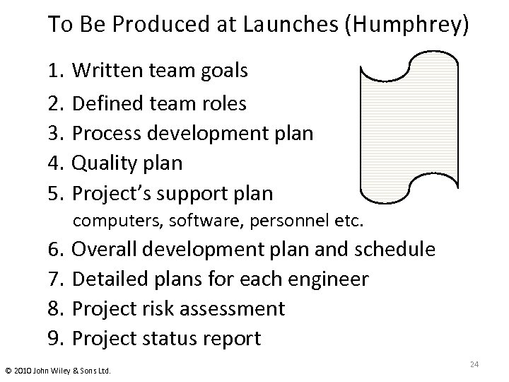 To Be Produced at Launches (Humphrey) 1. Written team goals 2. Defined team roles