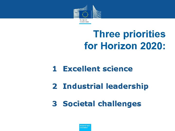 Three priorities for Horizon 2020: 1 Excellent science 2 Industrial leadership 3 Societal challenges