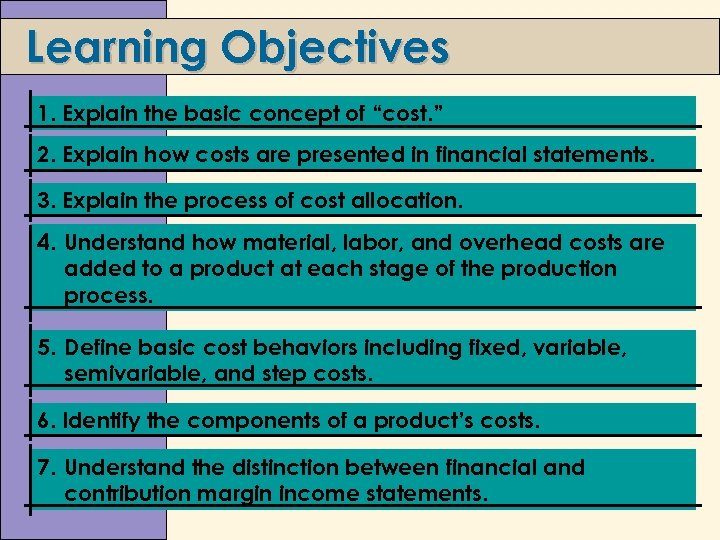 Learning Objectives 1. Explain the basic concept of “cost. ” 2. Explain how costs