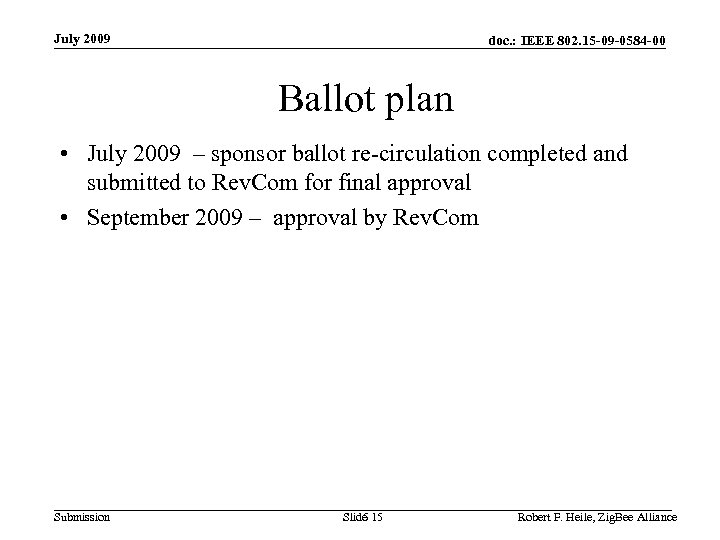 July 2009 doc. : IEEE 802. 15 -09 -0584 -00 Ballot plan • July