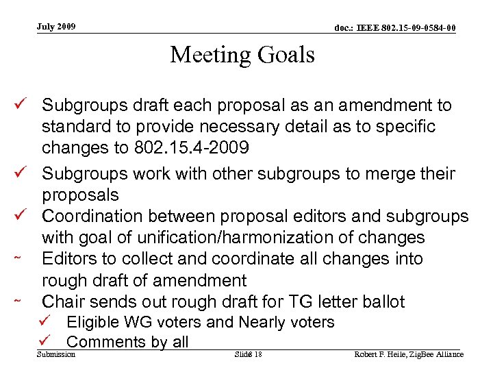 July 2009 doc. : IEEE 802. 15 -09 -0584 -00 Meeting Goals Subgroups draft