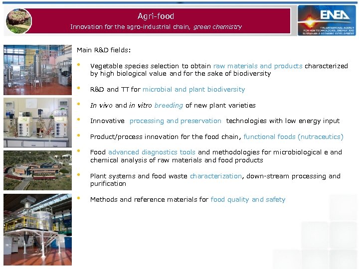 Agri-food Innovation for the agro-industrial chain, green chemistry Main R&D fields: • Vegetable species