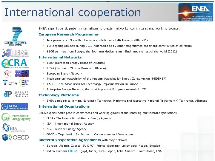 International cooperation ENEA experts participate in international projects, networks, committees and working groups: European