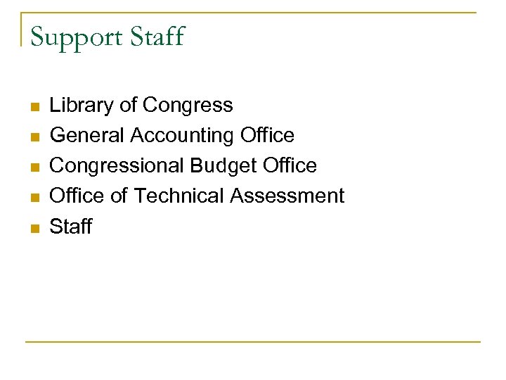 Support Staff n n n Library of Congress General Accounting Office Congressional Budget Office