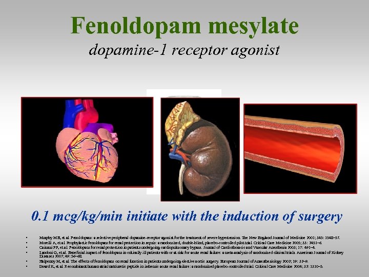 Fenoldopam mesylate dopamine-1 receptor agonist 0. 1 mcg/kg/min initiate with the induction of surgery