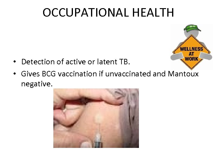 OCCUPATIONAL HEALTH • Detection of active or latent TB. • Gives BCG vaccination if