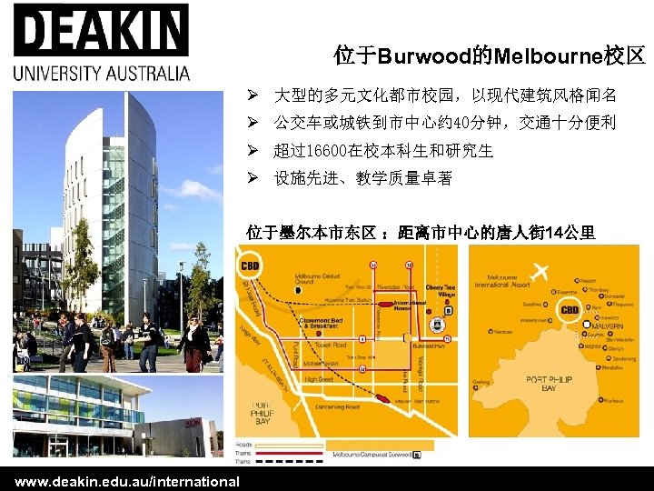 位于Burwood的Melbourne校区 Ø 大型的多元文化都市校园，以现代建筑风格闻名 Ø 公交车或城铁到市中心约 40分钟，交通十分便利 Ø 超过16600在校本科生和研究生 Ø 设施先进、教学质量卓著 位于墨尔本市东区 ：距离市中心的唐人街 14公里 www.