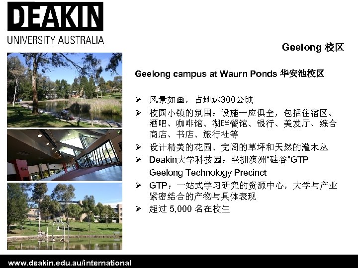 Geelong 校区 Geelong campus at Waurn Ponds 华安池校区 Ø 风景如画，占地达 300公顷 Ø 校园小镇的氛围：设施一应俱全，包括住宿区、 酒吧、咖啡馆、湖畔餐馆、银行、美发厅、综合