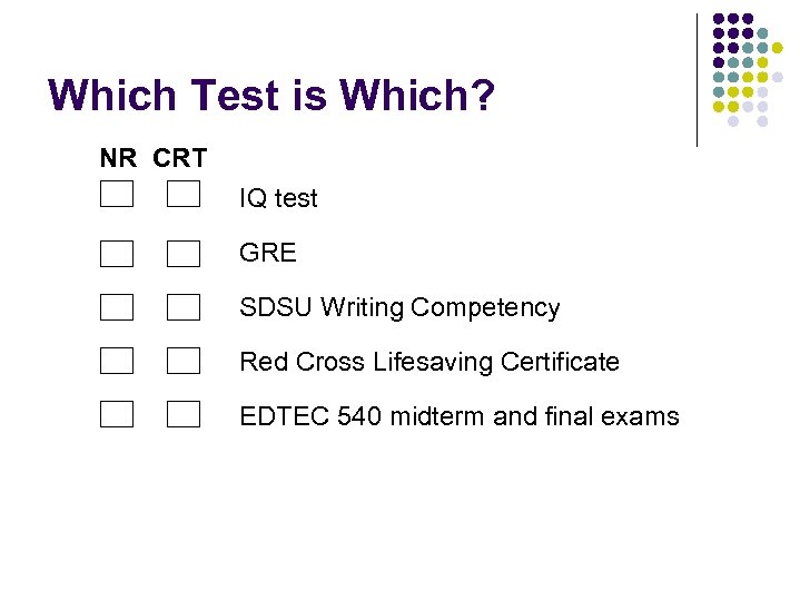 Which Test is Which? NR CRT IQ test GRE SDSU Writing Competency Red Cross