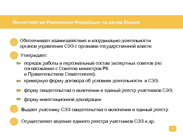Министерство Российской Федерации по делам Крыма Обеспечивает взаимодействие и координацию деятельности органов управления СЭЗ