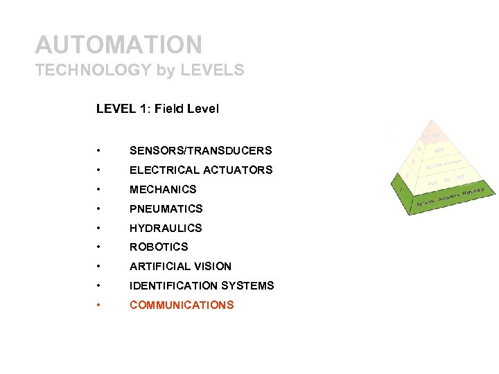 AUTOMATION TECHNOLOGY by LEVELS LEVEL 1: Field Level • • ELECTRICAL ACTUATORS • MECHANICS