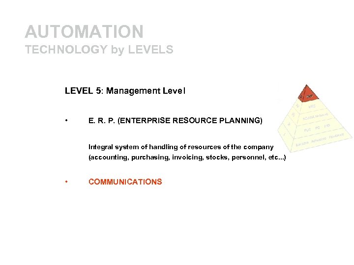 AUTOMATION TECHNOLOGY by LEVELS LEVEL 5: Management Level • E. R. P. (ENTERPRISE RESOURCE