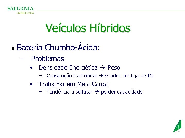 Veículos Híbridos · Bateria Chumbo-Ácida: – Problemas • Densidade Energética Peso – Construção tradicional
