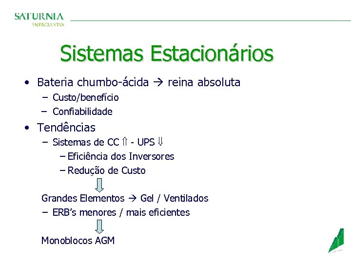 Sistemas Estacionários • Bateria chumbo-ácida reina absoluta − Custo/benefício – Confiabilidade • Tendências −