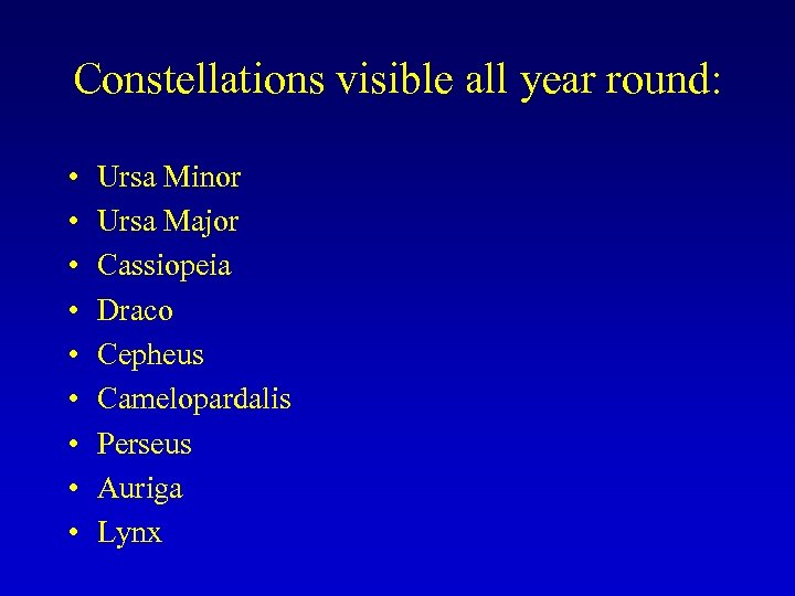 Constellations visible all year round: • • • Ursa Minor Ursa Major Cassiopeia Draco