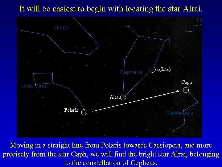 It will be easiest to begin with locating the star Alrai. ι (Iota) Caph