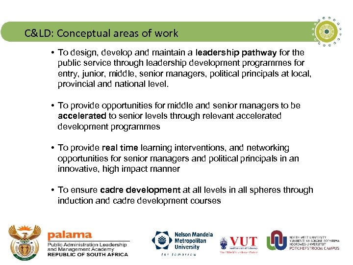 C&LD: Conceptual areas of work • To design, develop and maintain a leadership pathway