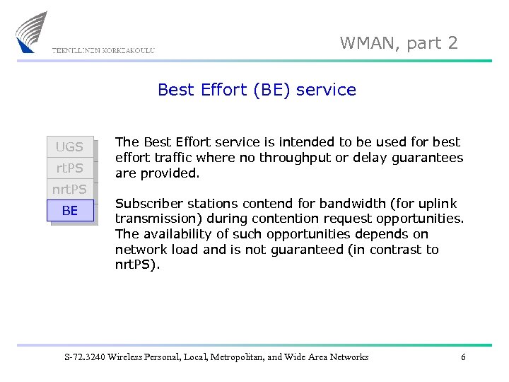 WMAN, part 2 Best Effort (BE) service UGS rt. PS nrt. PS BE The
