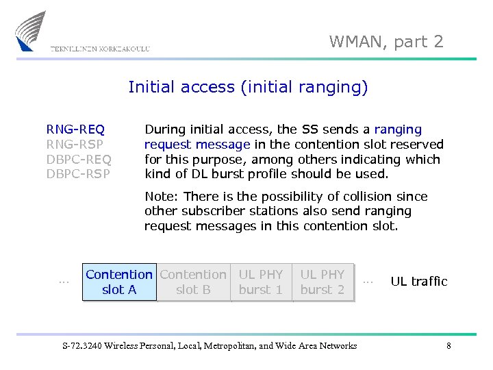 WMAN, part 2 Initial access (initial ranging) RNG-REQ RNG-RSP DBPC-REQ DBPC-RSP During initial access,