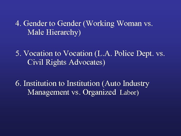 4. Gender to Gender (Working Woman vs. Male Hierarchy) 5. Vocation to Vocation (L.