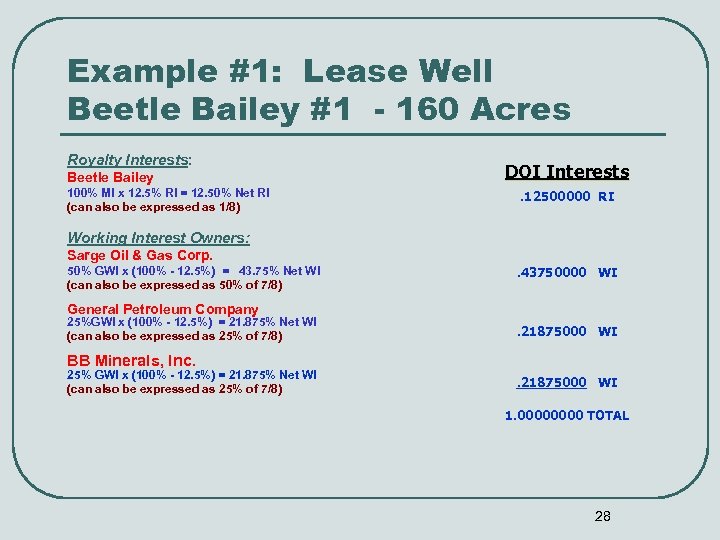 Example #1: Lease Well Beetle Bailey #1 - 160 Acres Royalty Interests: Beetle Bailey