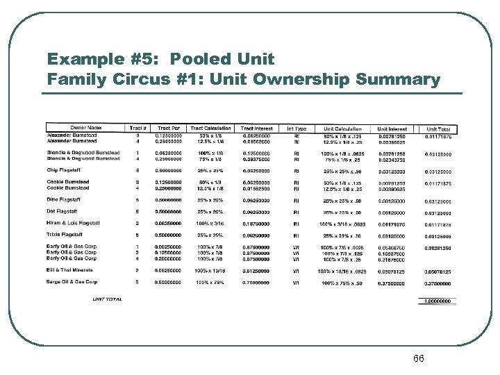 Example #5: Pooled Unit Family Circus #1: Unit Ownership Summary 66 