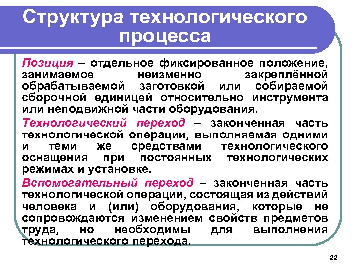 Структура технологического процесса Позиция – отдельное фиксированное положение, занимаемое неизменно закреплённой обрабатываемой заготовкой или