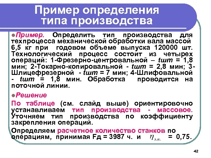 Пример определения типа производства l. Пример. Определить тип производства для техпроцесса механической обработки вала