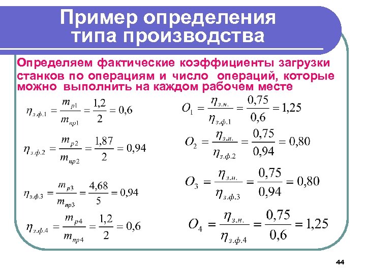 Пример определения типа производства Определяем фактические коэффициенты загрузки станков по операциям и число операций,