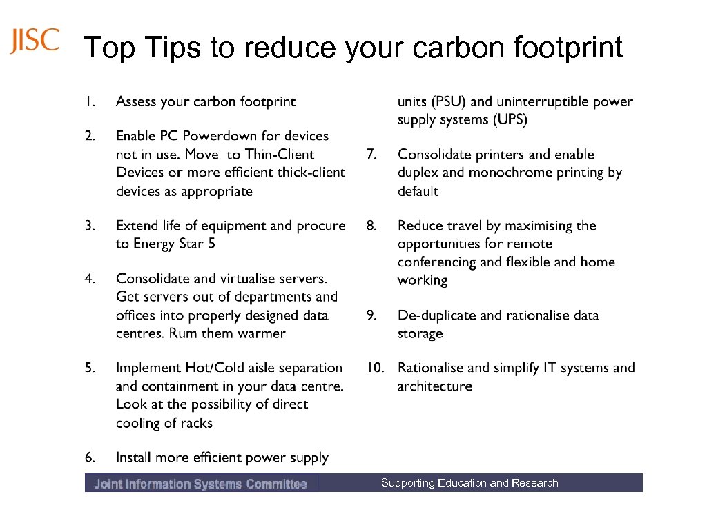 Top Tips to reduce your carbon footprint Supporting Education and Research 